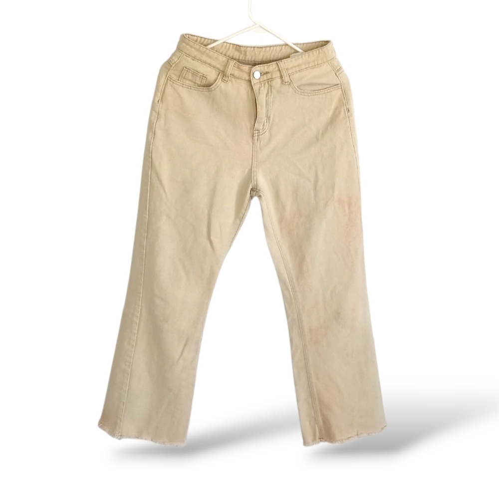 Tan Straight Leg Jeans Cropped Frayed Tie Dye Beach Neutral Mid Rise Summer 25